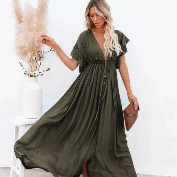 Flawless Flowy Bohemian Chic Forest/Olive Green Maxi Dress Size Small - Picture 2 of 15